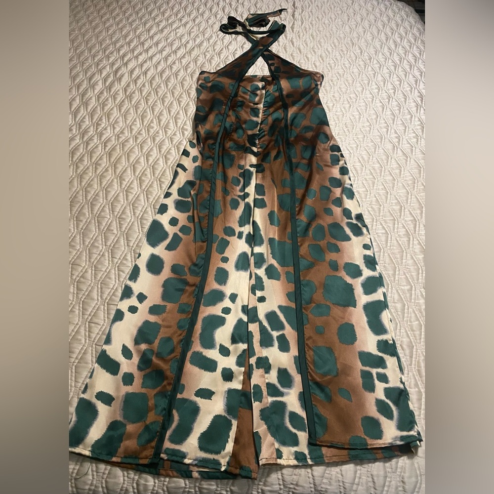 The Sang Teal and Brown Animal-Print Silky Jumpsuit